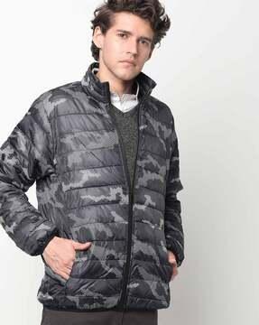 camouflage print quilted zip-front bomber jacket