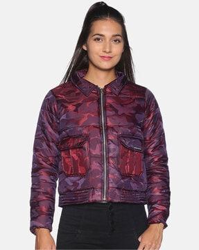 camouflage print bomber jacket with flap pockets