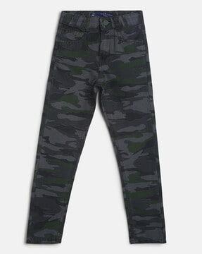 camouflage print flat front trousers