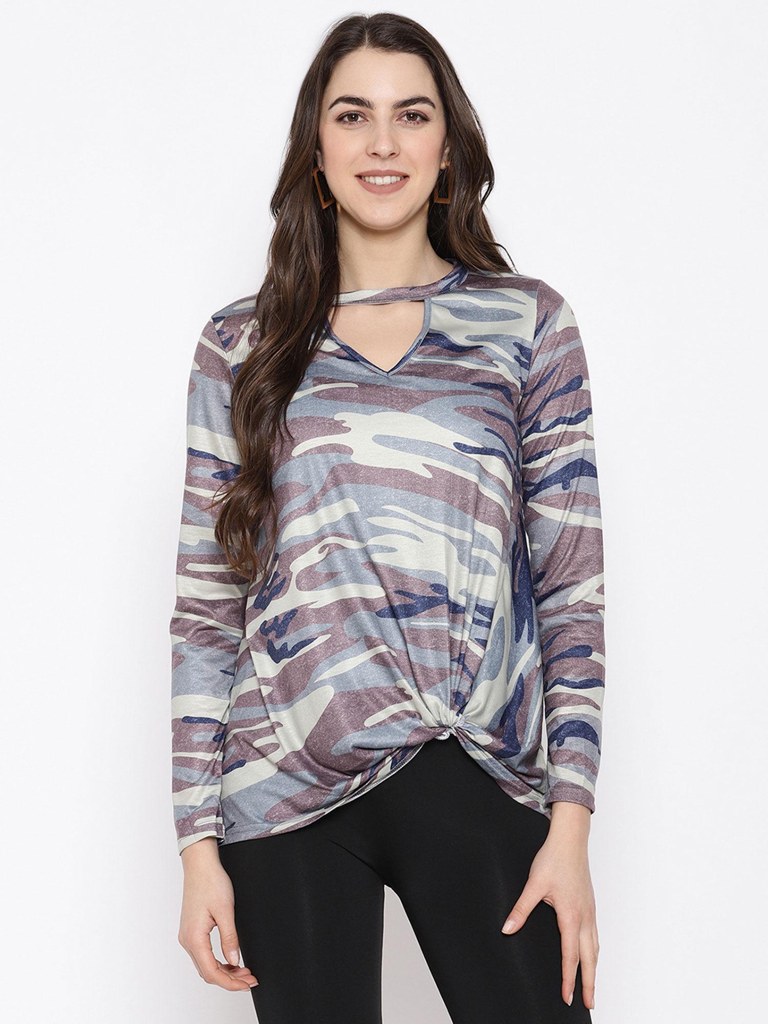 camouflage print hollow-out top