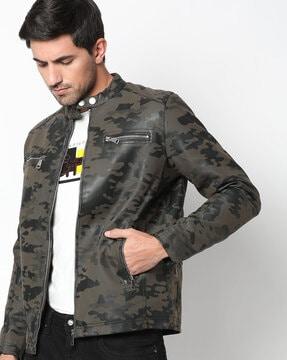 camouflage print slim fit biker jacket with band collar