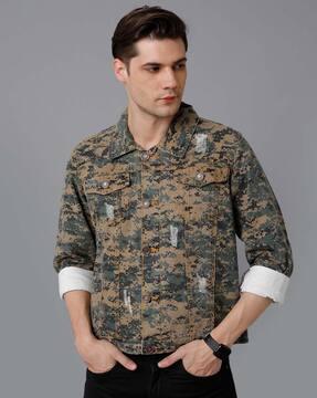 camouflage print slim fit denim jacket
