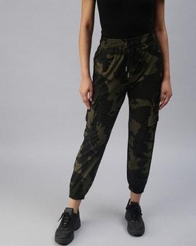 camouflage print tapered fit trousers