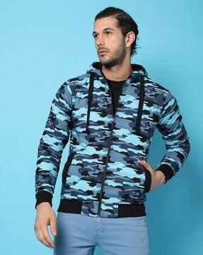 camouflage print zip-front hooded jacket