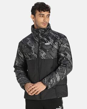 camouflage puffer jacket with insert pockets