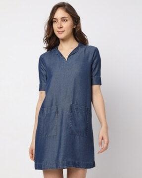 camp collar mini dress with patch pockets