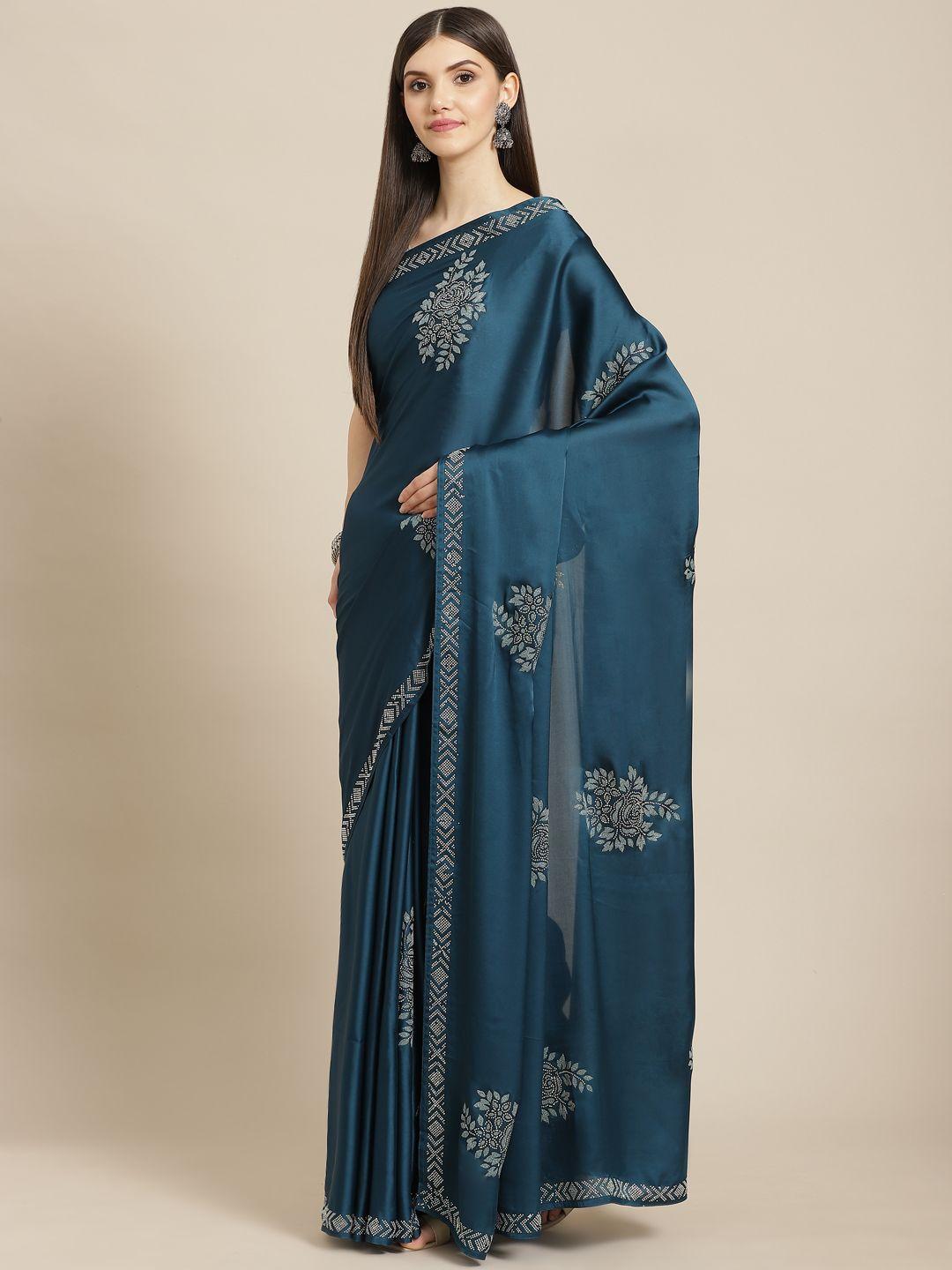 campaign trends blue embellished beads and stones satin saree with blouse piece