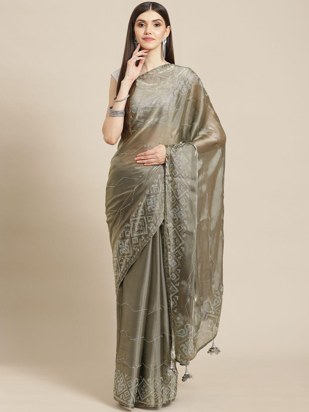 campaign trends green embellished beads and stones organza saree with blouse piece