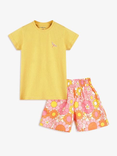 campana kids yellow & pink floral print t-shirt with shorts