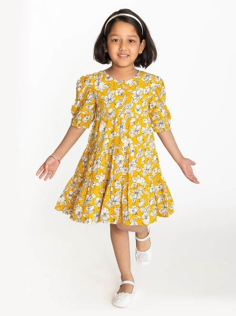 campana kids yellow floral print full sleeves dress