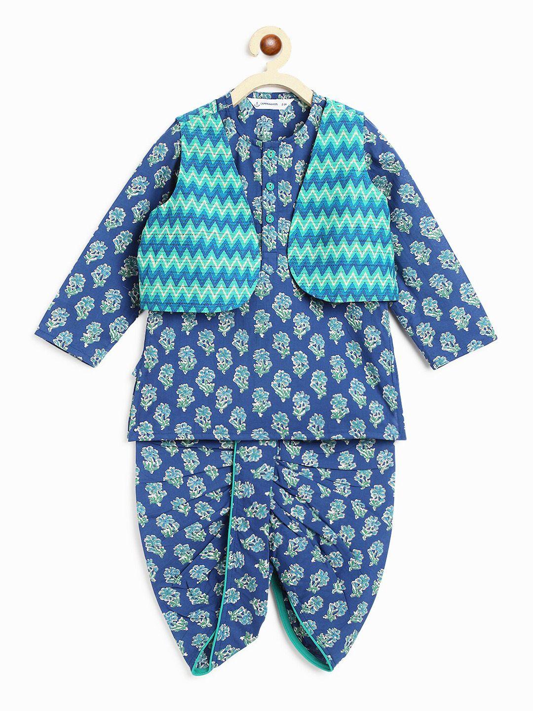 campana boys ethnic motifs printed kantha work pure cotton kurta with dhoti pants & jacket