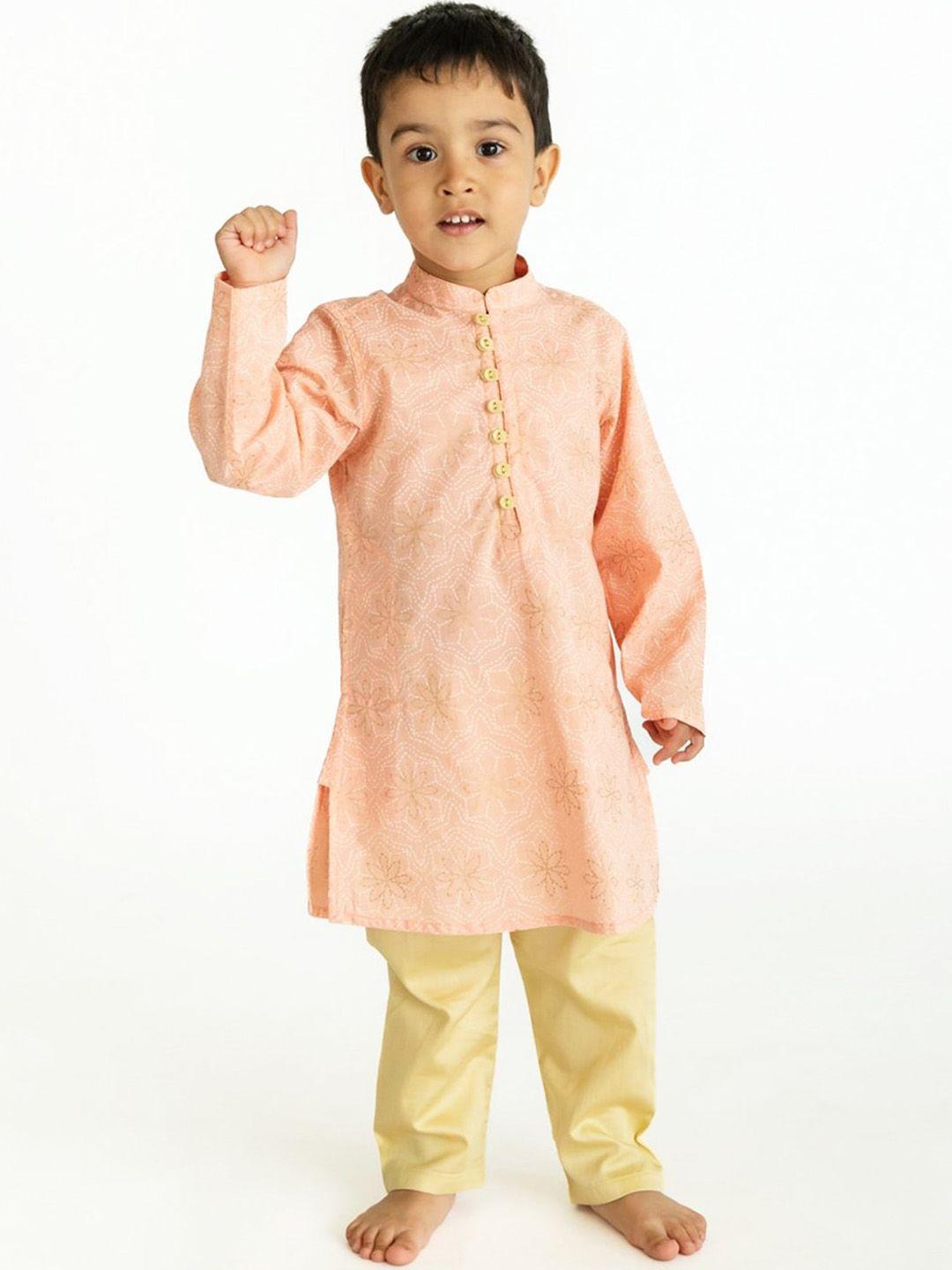 campana boys ethnic motifs printed mandarin collar pure cotton kurta with pyjamas