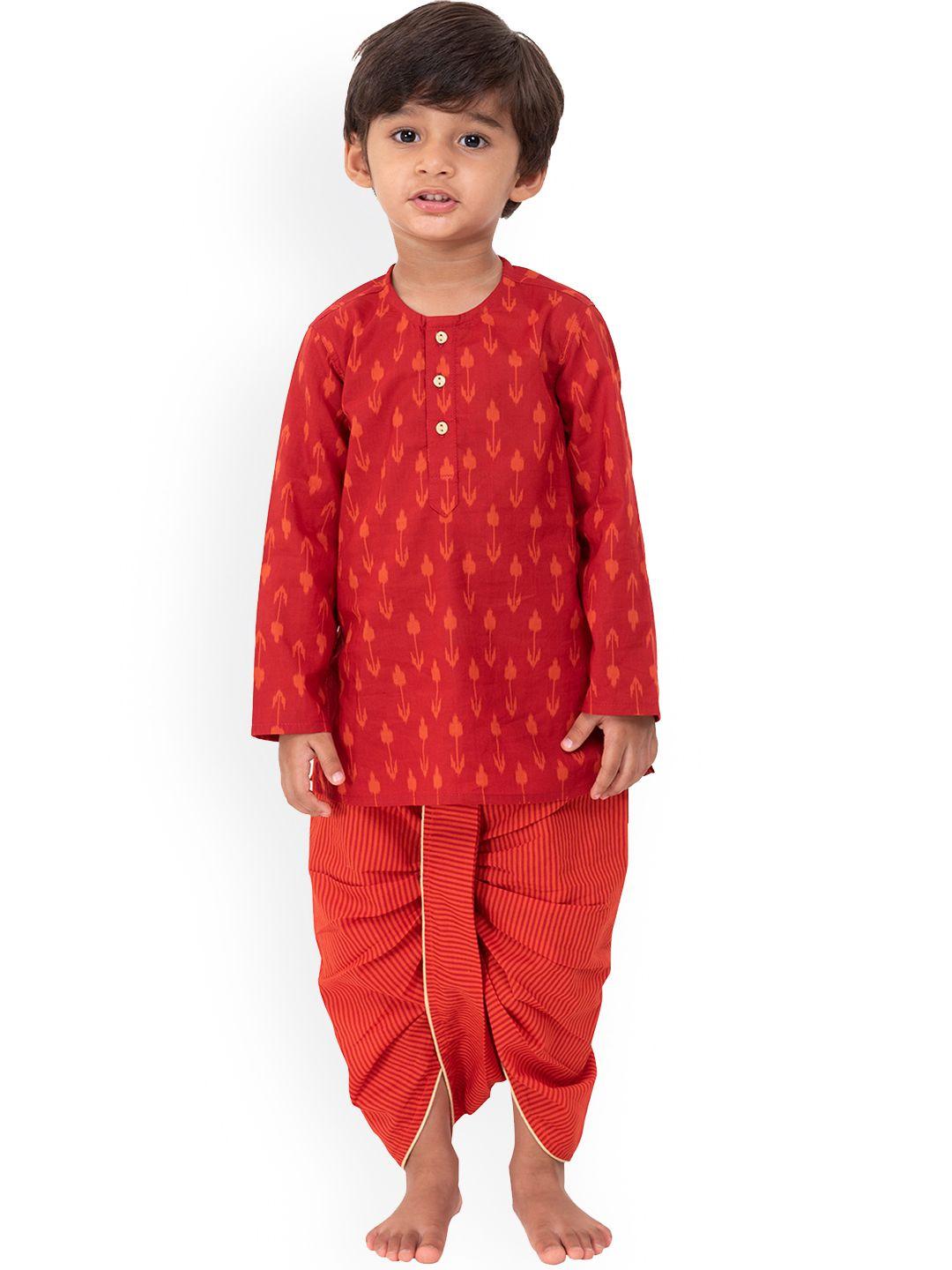 campana boys maroon printed pure cotton kurta with dhoti pants