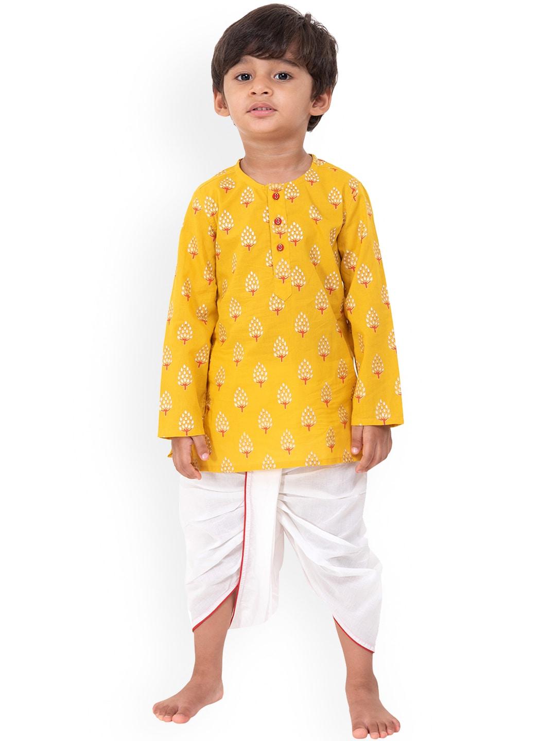 campana boys mustard yellow ethnic motifs printed pleated pure cotton kurti with dhoti pants & with dupatta