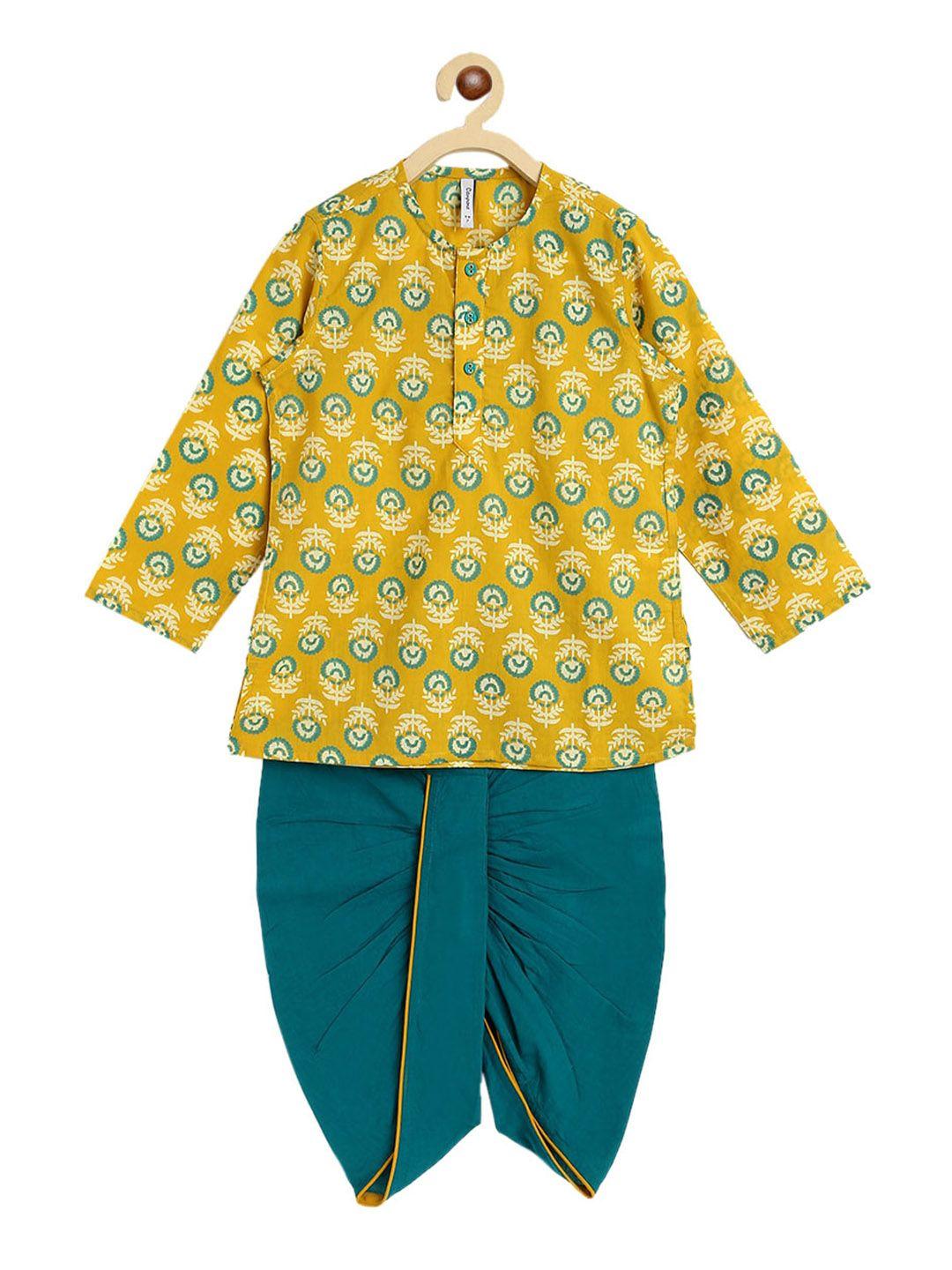 campana boys mustard yellow printed angrakha pure cotton kurta with dhoti pants