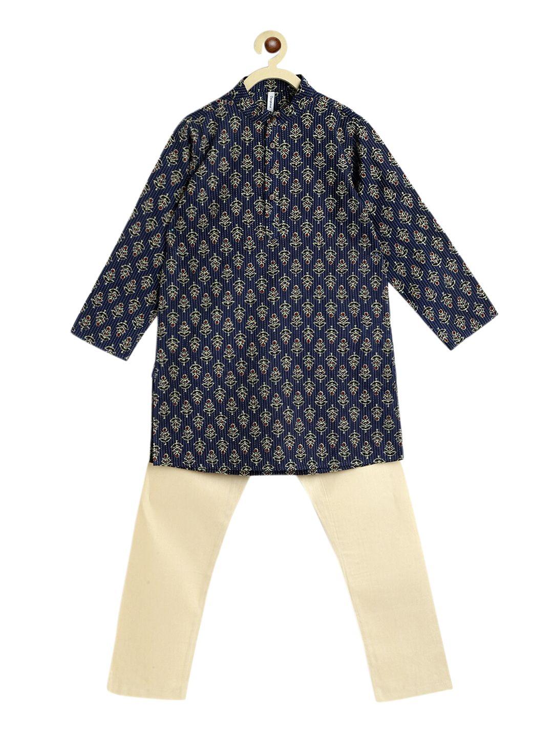 campana boys navy blue ethnic motifs printed pure cotton kurta pyjamas set