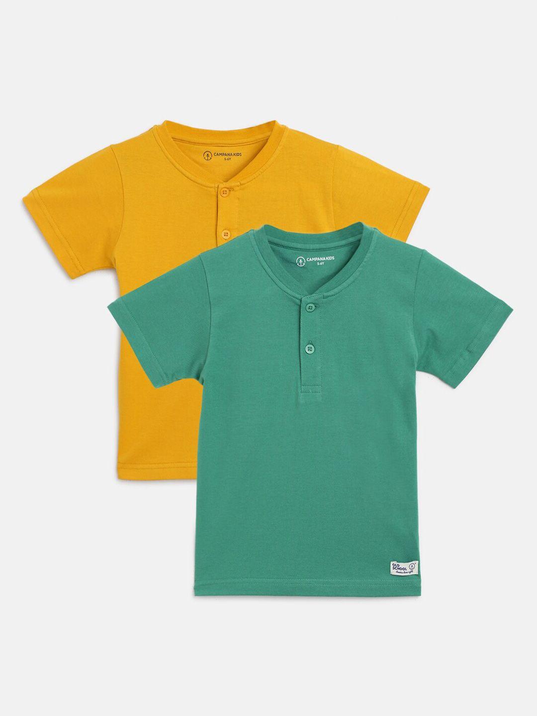 campana boys pack of 2 yellow & green henley neck pure cotton t-shirt