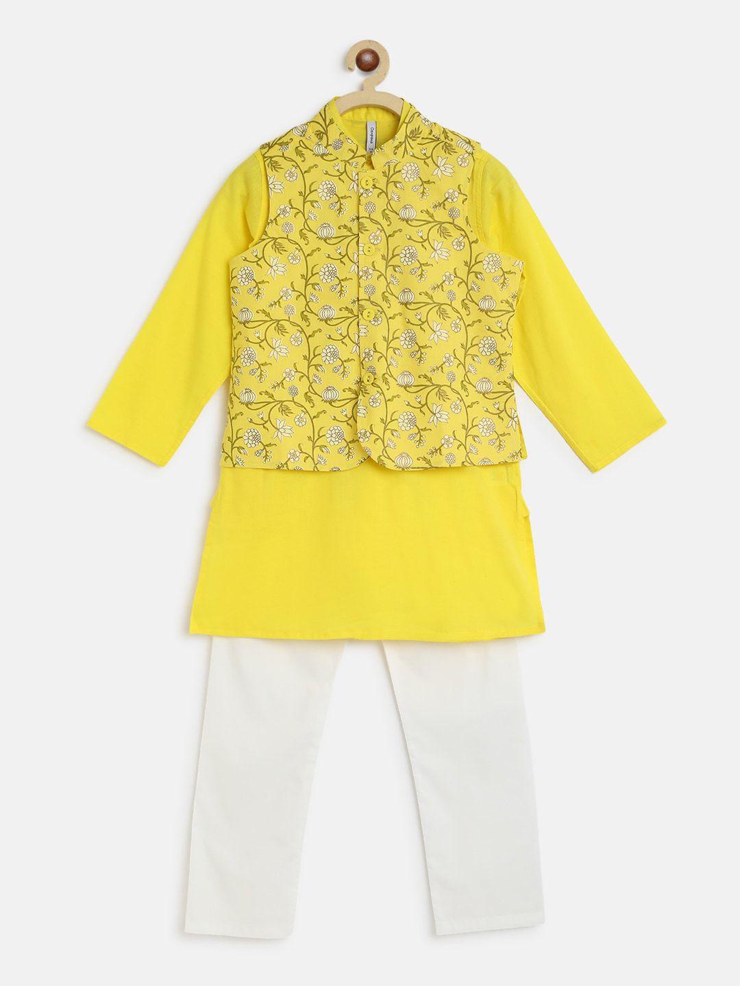 campana boys yellow & white regular pure cotton kurta with pyjamas & nehru jacket