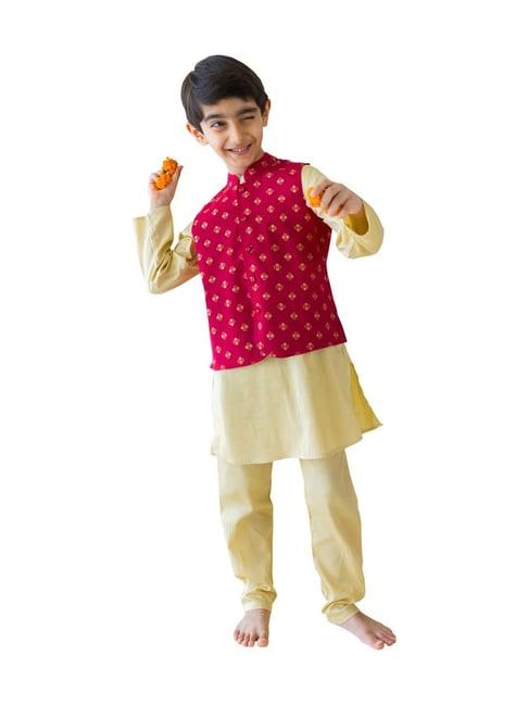 campana kids beige & maroon cotton printed kurta set