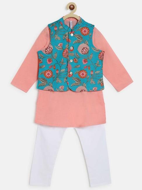 campana kids blue & pink cotton floral print full sleeves kurta set
