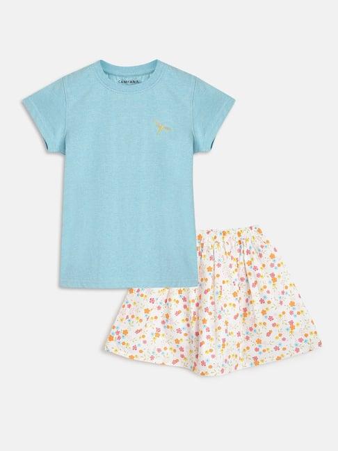 campana kids blue & white floral print t-shirt with skirt