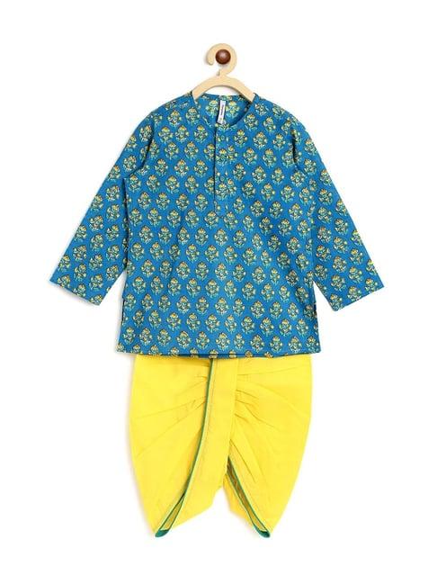 campana kids blue & yellow cotton floral print kurta set