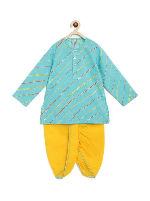 campana kids blue & yellow cotton striped kurta set