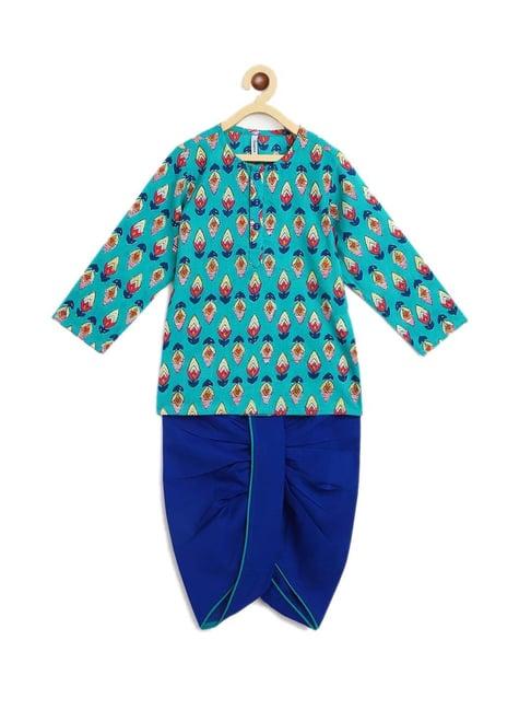 campana kids blue cotton floral print kurta set
