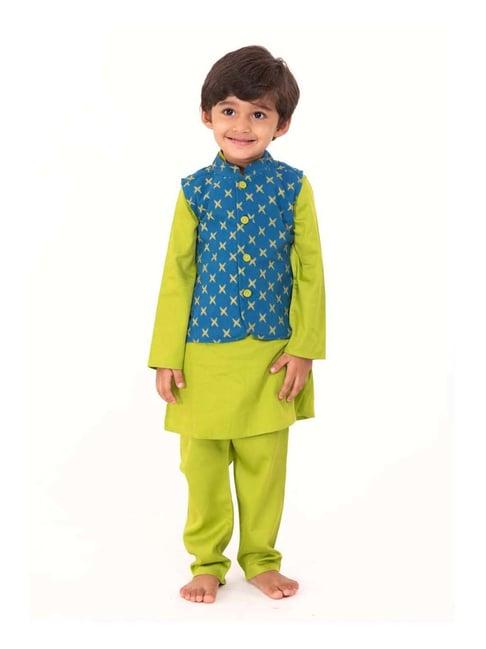 campana kids green & blue cotton printed kurta set