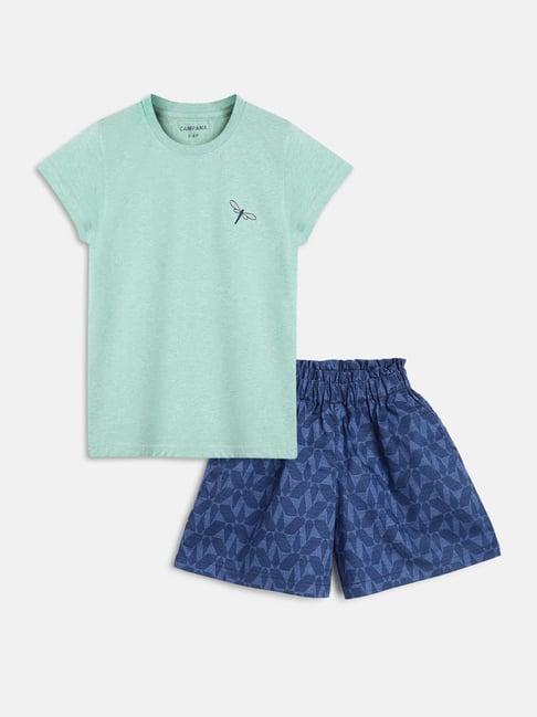 campana kids green & blue printed t-shirt with shorts
