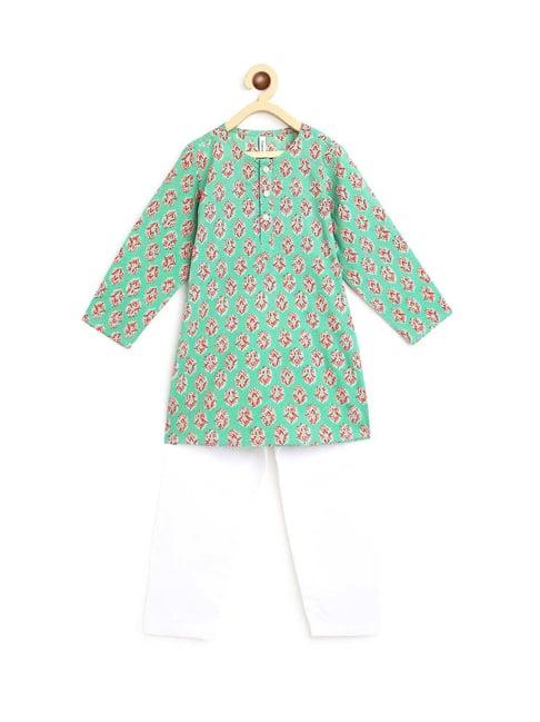 campana kids green & white cotton printed kurta set