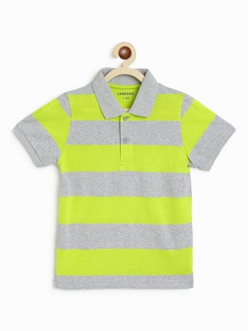 campana kids lime green & grey cotton striped polo t-shirt
