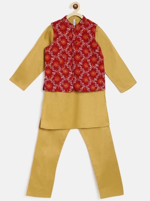 campana kids maroon & gold cotton floral print full sleeves kurta set