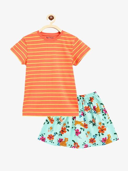 campana kids orange & turquoise printed top with skirt