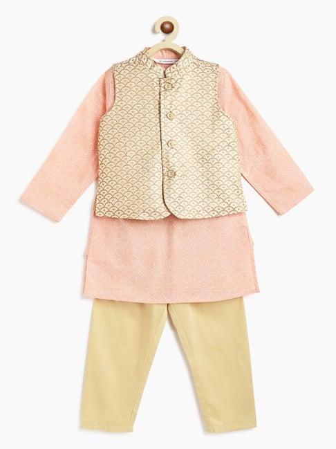 campana kids peach & gold printed full sleeves kurta, pants with jacket