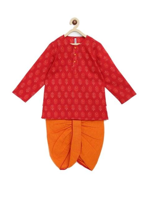 campana kids red & orange cotton floral print kurta set