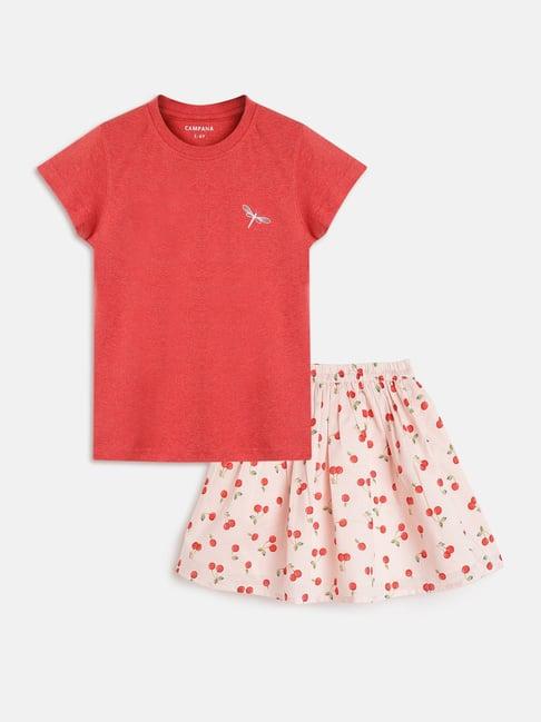 campana kids red & pink printed t-shirt with skirt