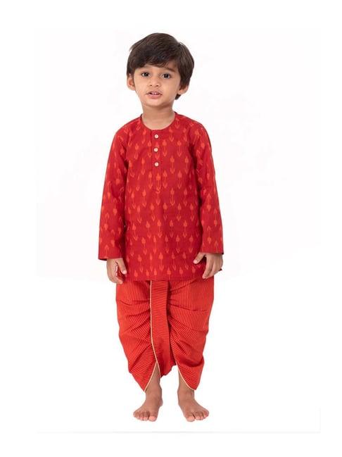 campana kids red cotton printed kurta set