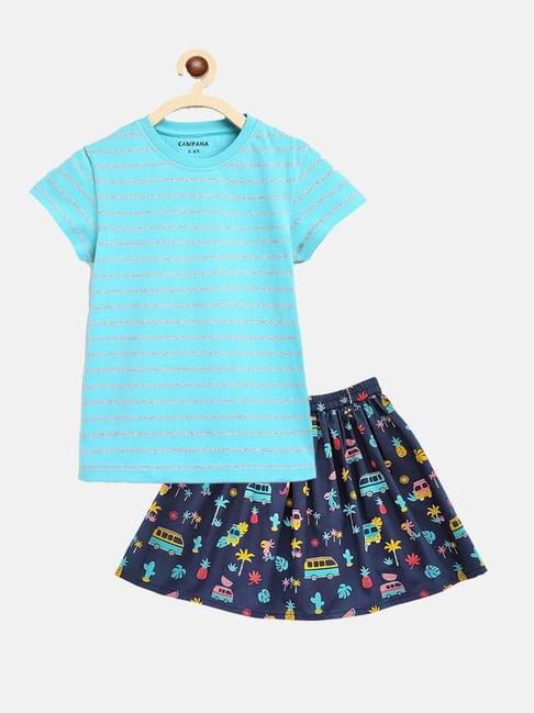 campana kids sky blue & navy striped t-shirt with skirt