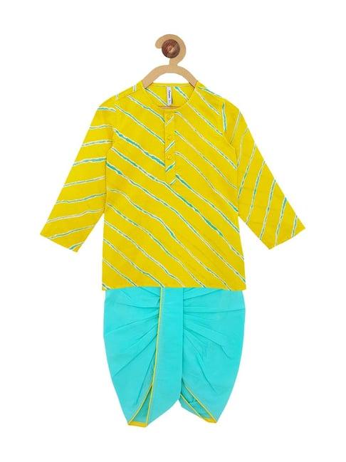 campana kids yellow & blue cotton striped kurta set
