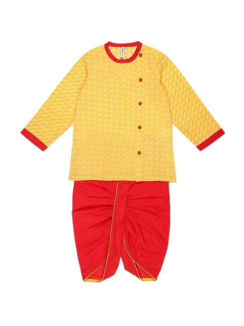 campana kids yellow & red cotton printed kurta set