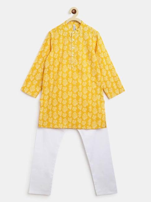 campana kids yellow & white block print kurta with pyjamas