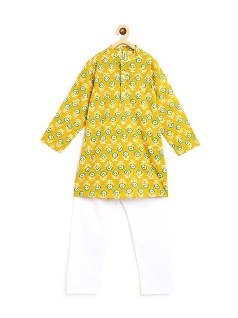 campana kids yellow & white cotton floral print kurta set