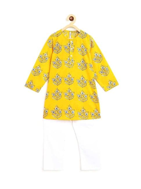 campana kids yellow & white cotton printed kurta set
