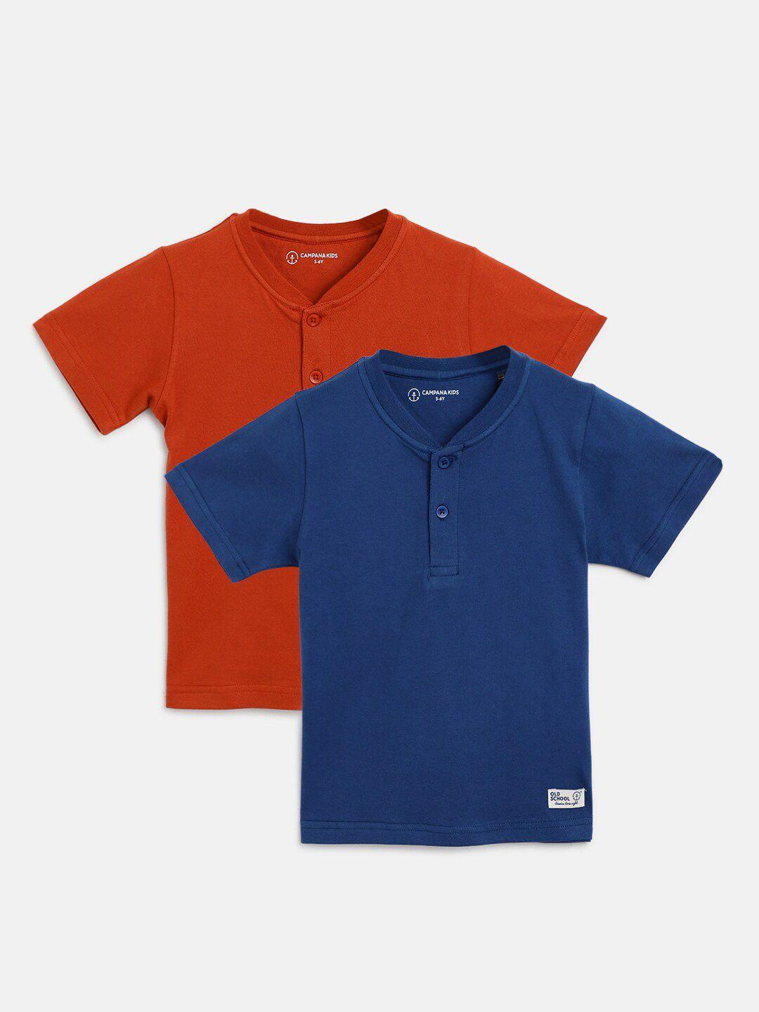 campana pack of 2 boys blue & rust henley neck pure cotton t-shirt