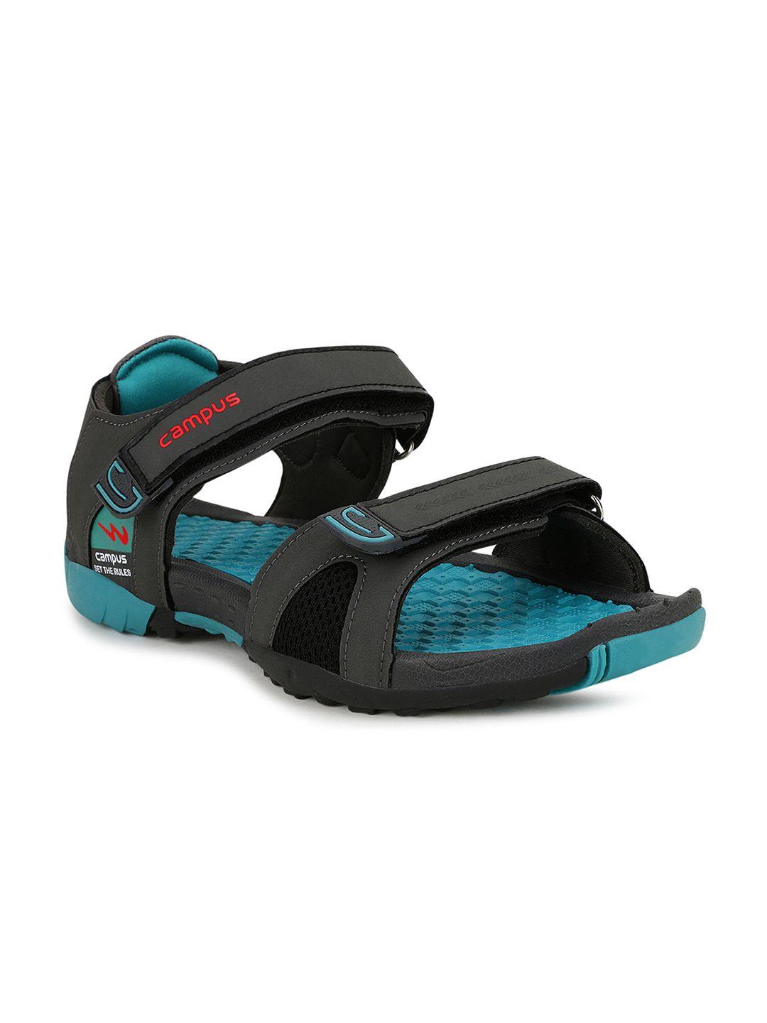 campus men charcoal grey & turquoise blue solid sports sandals