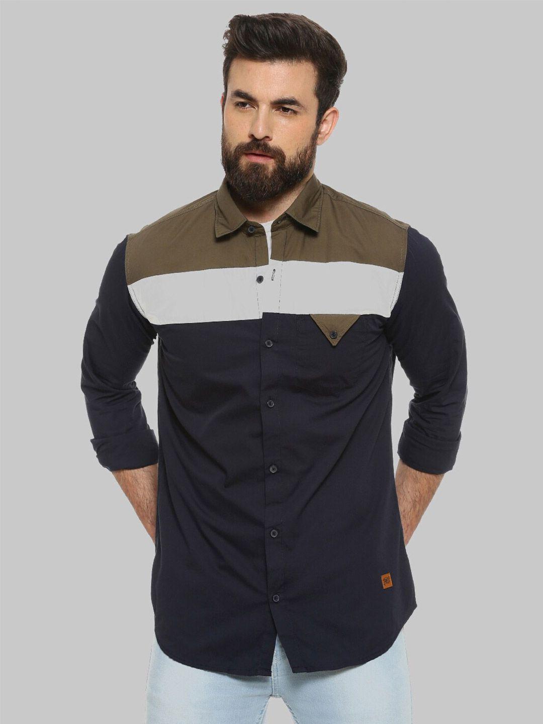 campus sutra blue & olive striped classic fit cotton casual shirt
