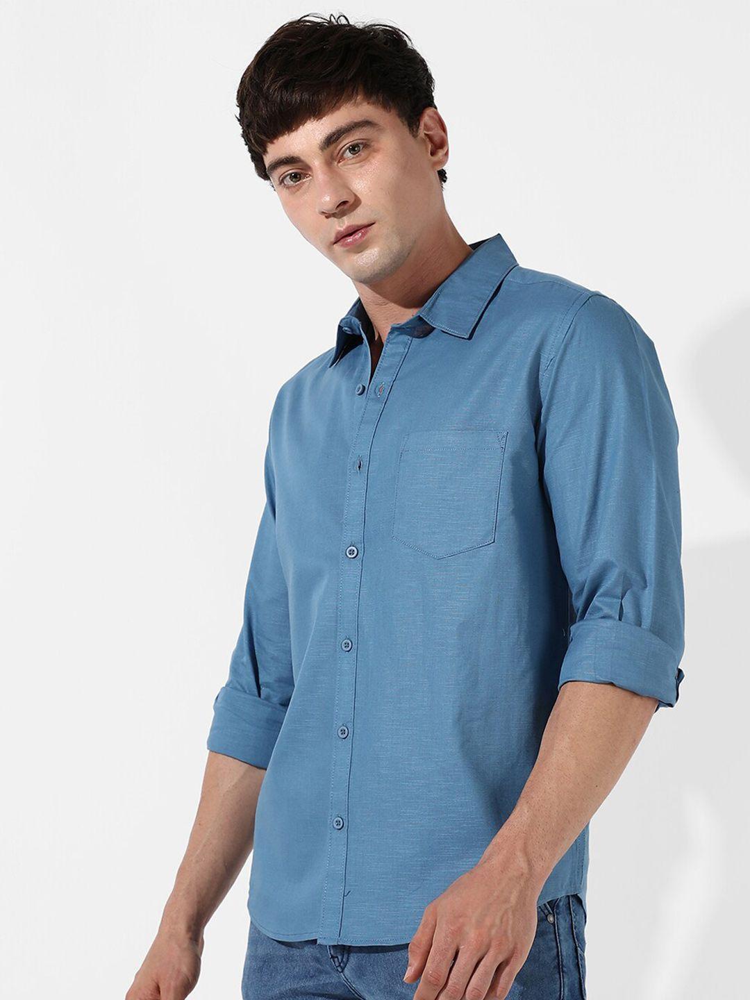 campus sutra blue classic cotton casual shirt