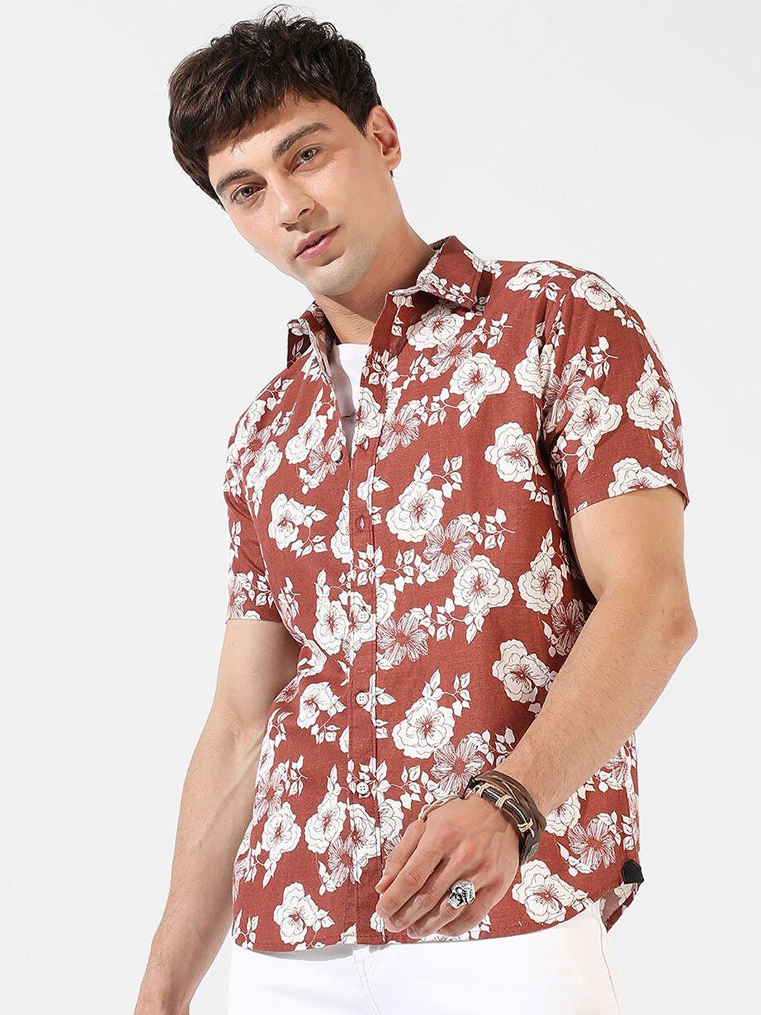 campus sutra brown floral printed classic fit casual shirt