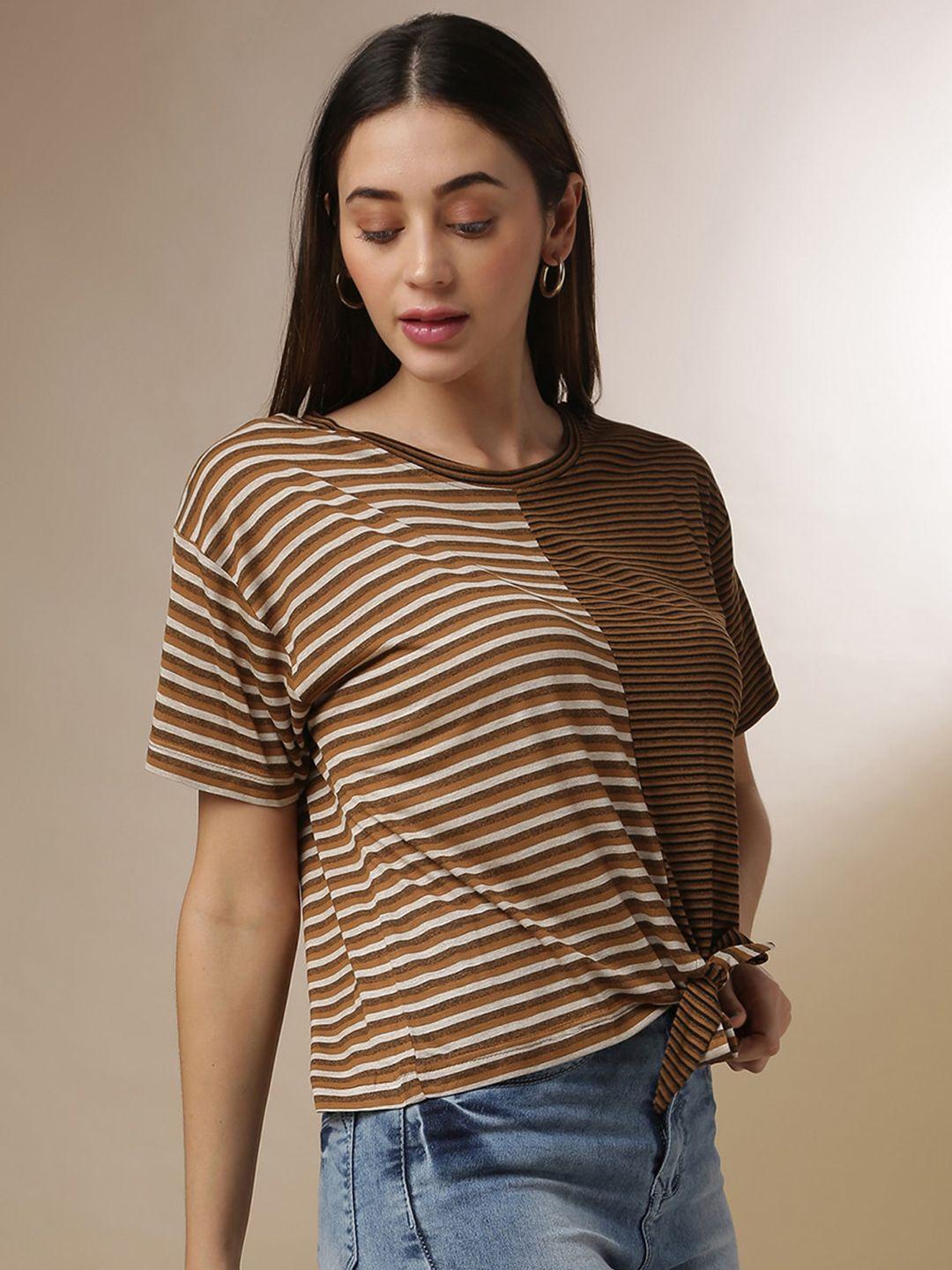 campus sutra brown striped extended sleeves regular top